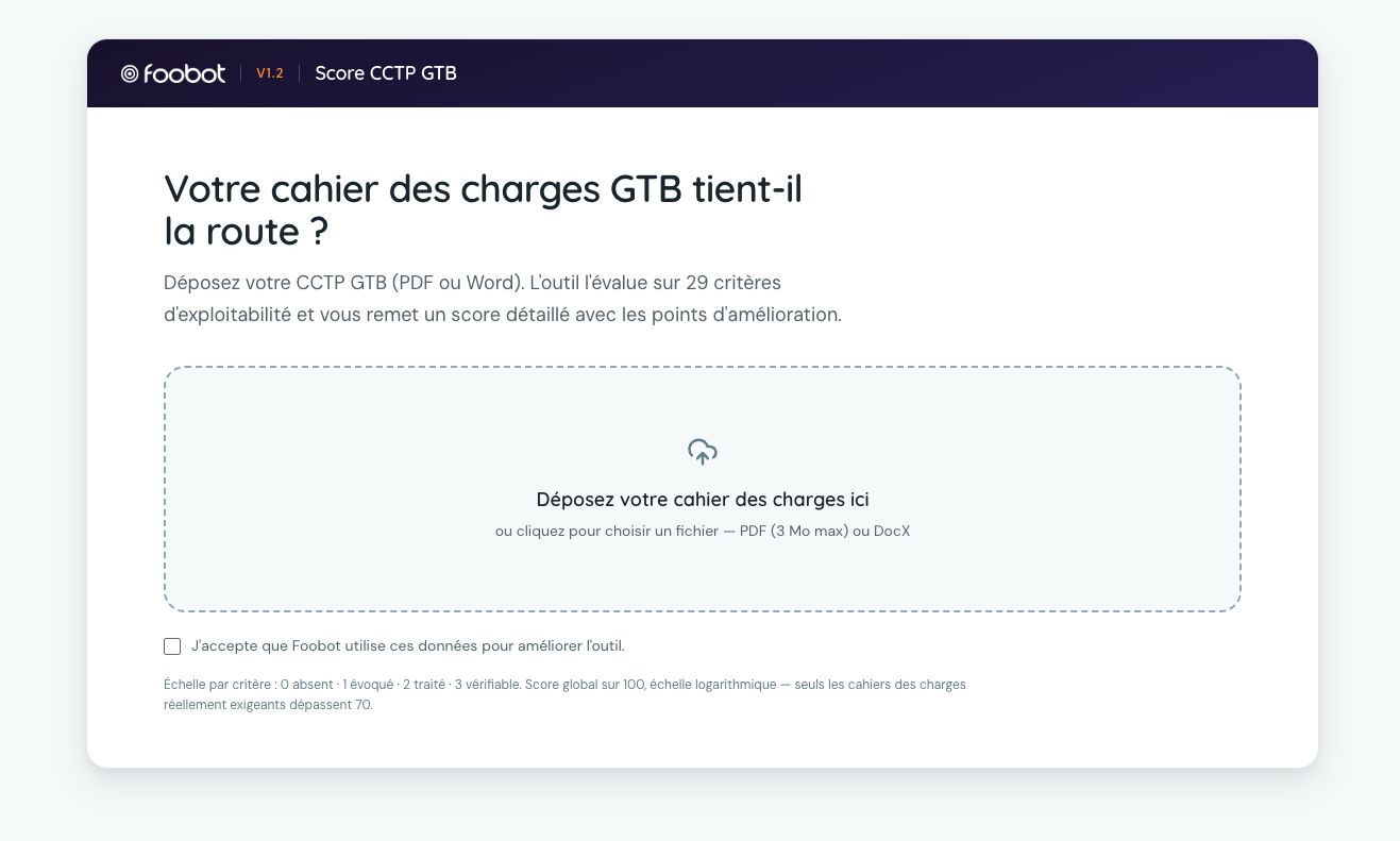 The Score CCTP GTB tool: you drop in your specification as PDF or Word, and it scores it against 29 operability criteria.